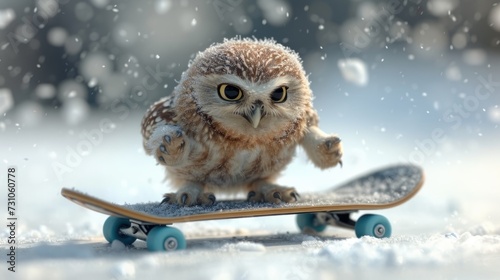 a small owl sitting on top of a skateboard on a snowy surface with snow flakes on the ground. photo