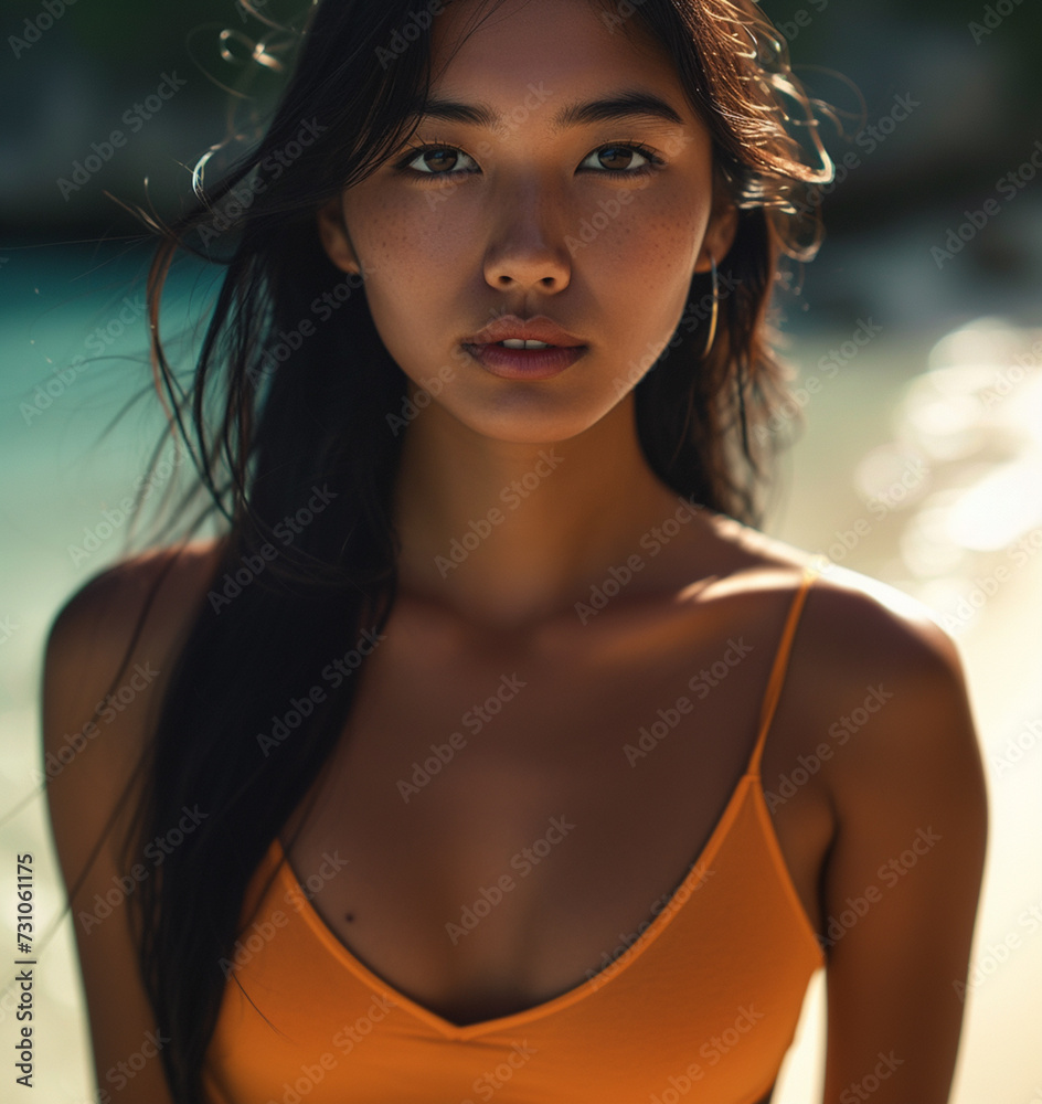 young adult woman ,age 21, slender slim attractive, wears beach wear bikini, on tropical sandy beach at the water ocean, attractive beauty is beautiful, asian or multiracial, sun-kissed skin tone young adult woman ,age 21, slender slim attractive, wears beach wear bikini, on tropical sandy beach at the water ocean, attractive beauty is beautiful, asian or multiracial, sun-kissed skin tone