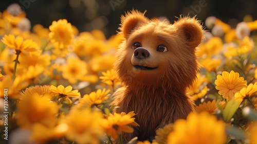 a close up of a teddy bear in a field of flowers with a surprised look on it s face.