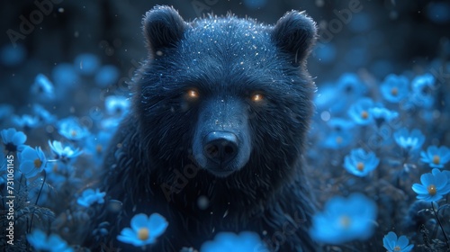 a close up of a black bear in a field of blue flowers with eyes glowing in the center of the picture.