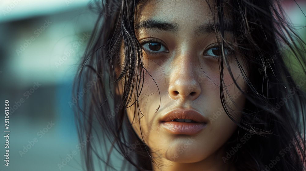 Desperate facial expression of a young adult woman, Asian or Indonesian multiracial, fictional location, worries and problems and despair, failed and hopeless Desperate facial expression of a young adult woman, Asian or Indonesian multiracial, fictional location, worries and problems and despair, failed and hopeless