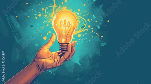 Contemporary art illustration of a hand holding a light bulb, symbolizing thought, intelligence, brainstorming, and invention concepts.