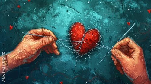 A contemporary art illustration depicts hands delicately sewing a broken heart back together with a needle and thread, symbolizing healing, repair, and resilience in relationships.