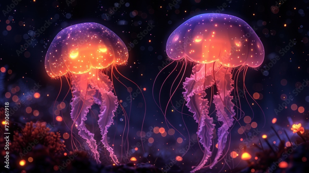 a couple of jellyfish floating next to each other on top of a lush green seaweed covered ocean floor. a couple of jellyfish floating next to each other on top of a lush green seaweed covered ocean floor.