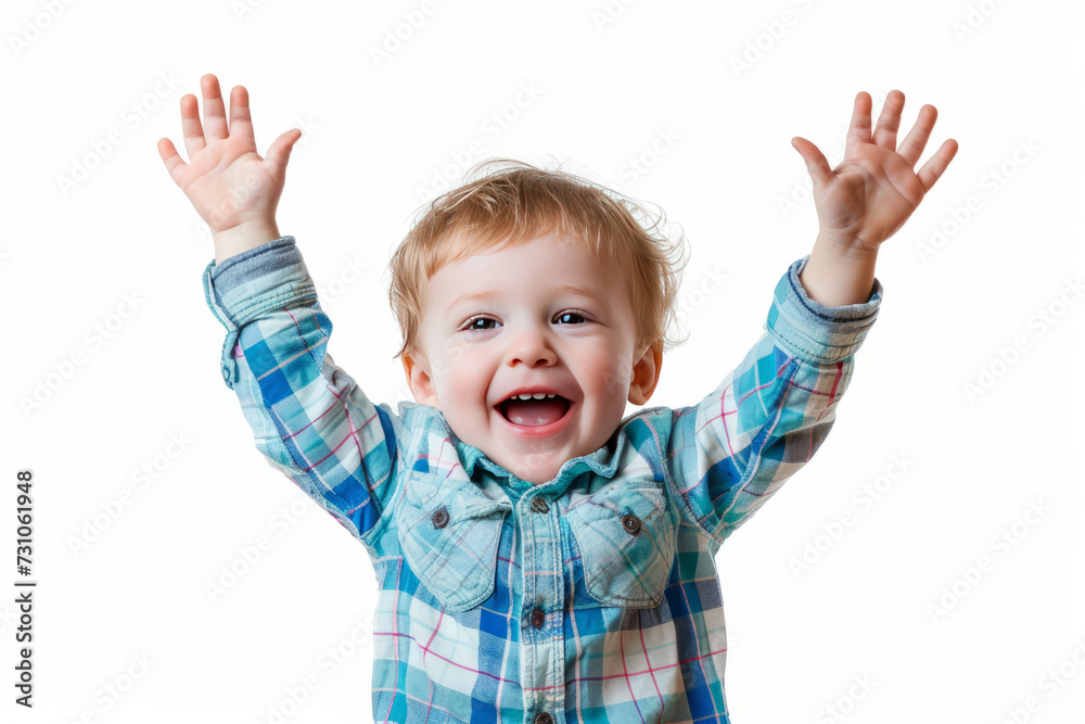 Happy toddler with raised up hands. Happy toddler with raised up hands.