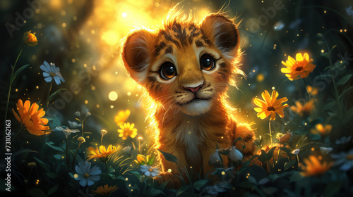 a painting of a lion cub in a field of daisies and daisies with the sun in the background.