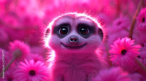 a baby meerkat standing in a field of pink flowers looking at the camera with a smile on its face.