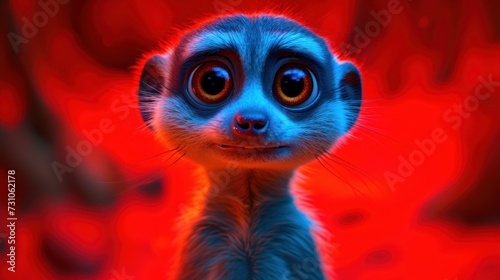 a close up of a small animal on a red and blue background with a blurry image of a baby meerkat.