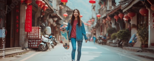 A joyful young Asian Chinese woman crosses the road while carrying a skateboard in an old town, radiating a sense of happiness and urban vibrancy. © vadymstock