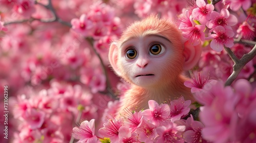 a close up of a monkey in a tree of pink flowers with a surprised look on it s face.