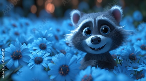 a close up of a racoon in a field of flowers with a blurry background of blue flowers.