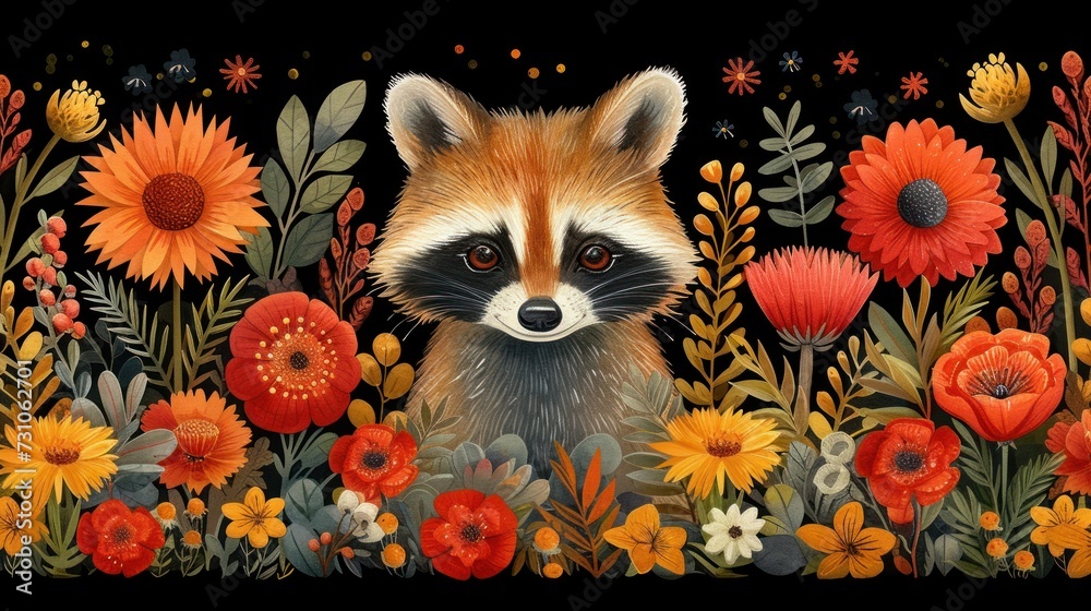 a painting of a raccoon in a field of wildflowers and daisies with a black background.