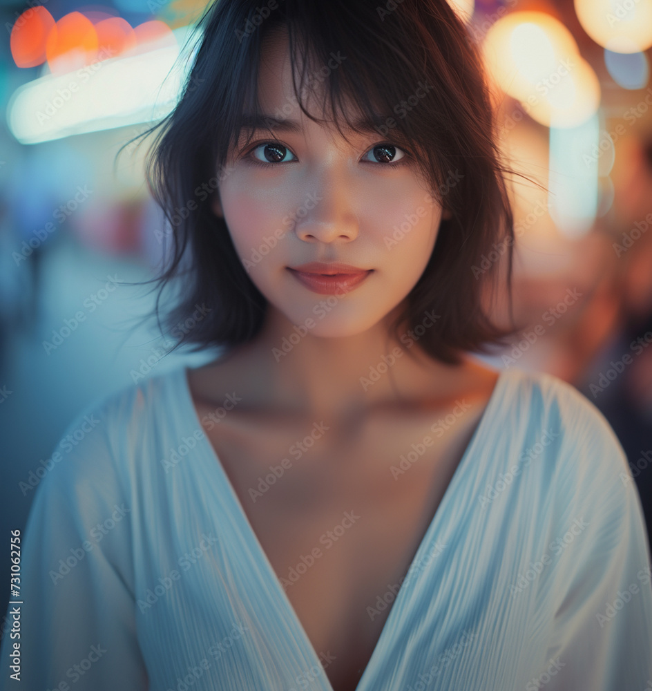Summer or spring, Chilling and relaxing in the nightlife on a tropical vacation or in summer temperatures, tank top, attractive young adult woman, brunette, good mood smiling Summer or spring, Chilling and relaxing in the nightlife on a tropical vacation or in summer temperatures, tank top, attractive young adult woman, brunette, good mood smiling