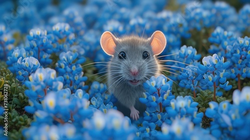 a close up of a mouse in a field of flowers with blue flowers in the foreground and a blurry background. photo