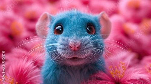 a close up of a blue rat with a pink flower in the foreground and pink flowers in the background. photo