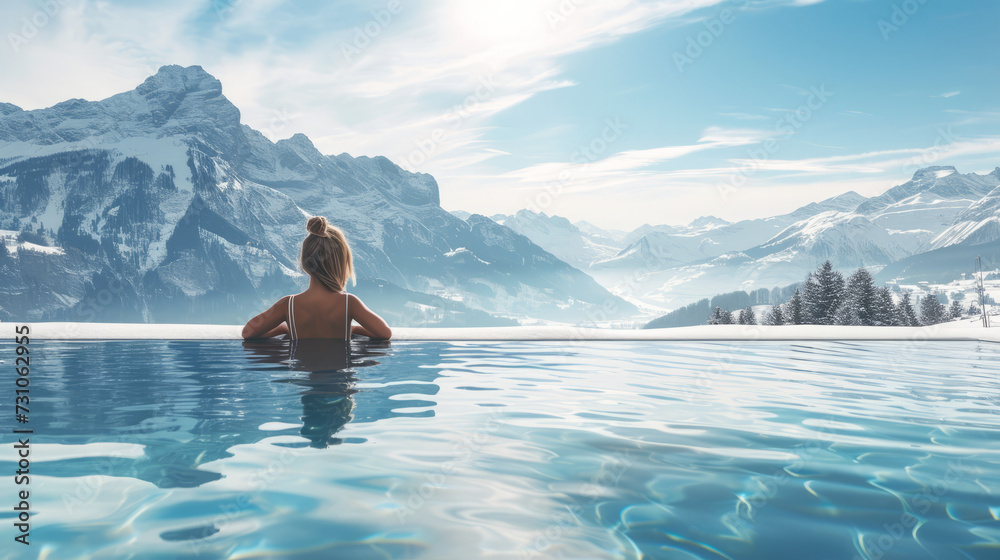 Woman relaxing in infinity pool and admiring winter mountains. Woman relaxing in infinity pool and admiring winter mountains.