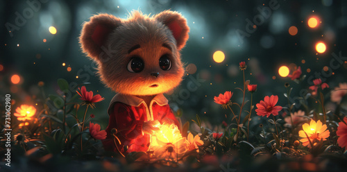 a teddy bear sitting in a field of flowers with a glowing light in the middle of it's face.