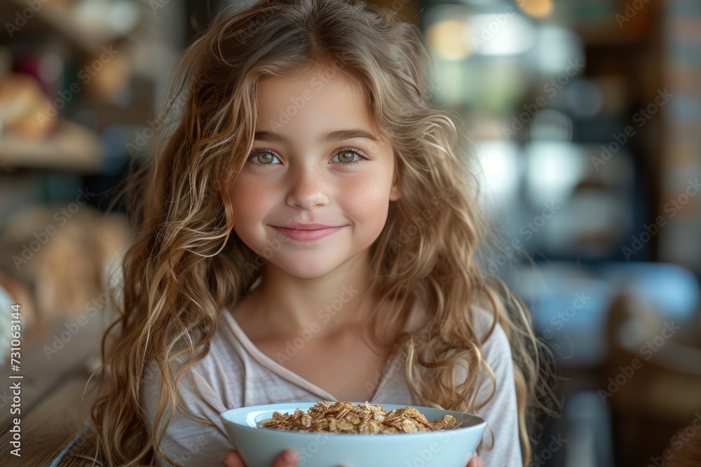 A cute girl holds a bowl of breakfast at the camera. She smiled happily at her morning bowl of delicious food.