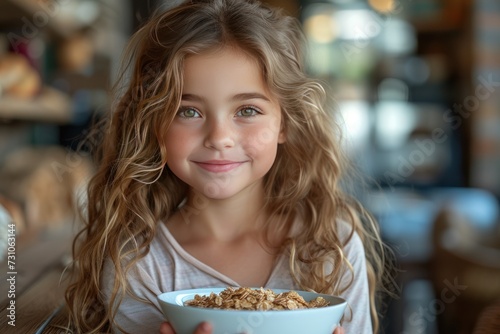 A cute girl holds a bowl of breakfast at the camera. She smiled happily at her morning bowl of delicious food.