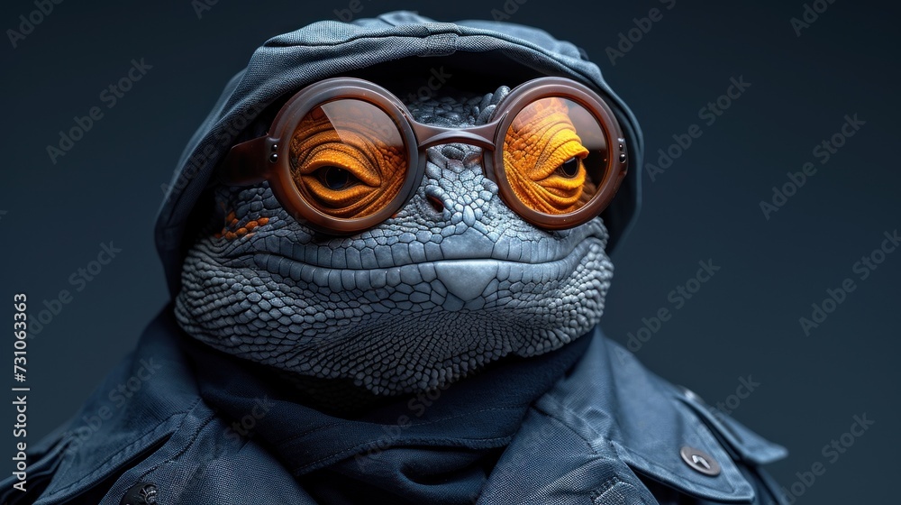 a close up of a person wearing goggles and a hood with a lizard's face in the background. a close up of a person wearing goggles and a hood with a lizard's face in the background.