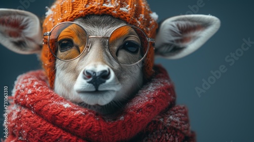 a close up of a goat wearing a knitted hat and scarf with glasses and a scarf around its neck.