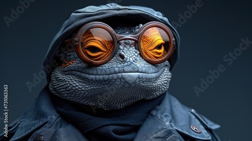 a close up of a person wearing goggles and a hood with a lizard's face in the background.