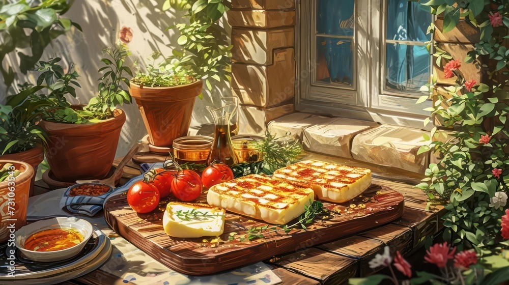 illustration of grilled halloumi cheese, with a crispy crust and a drizzle of honey, arranged on a dollhouse-inspired Mediterranean barbeque setting