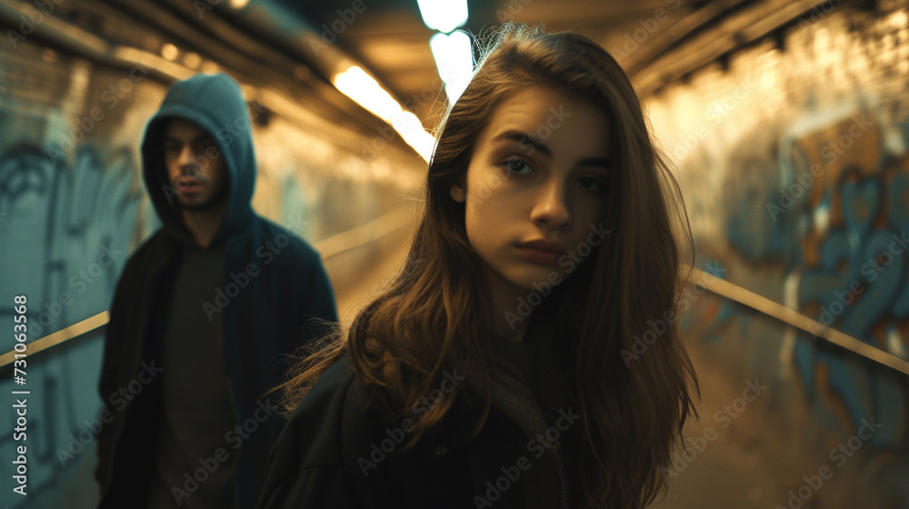 a girl, a teenager in a dark underpass or tunnel in a big city, living on the street or gang misery or criminals or in the nightlife in a socially disadvantaged area