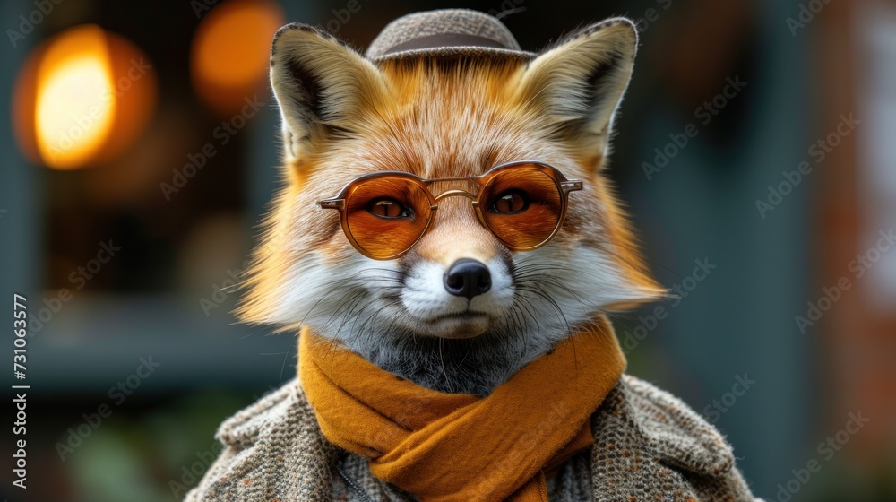 a close up of a stuffed fox wearing glasses and a scarf with a hat and scarf around it's neck. a close up of a stuffed fox wearing glasses and a scarf with a hat and scarf around it's neck.