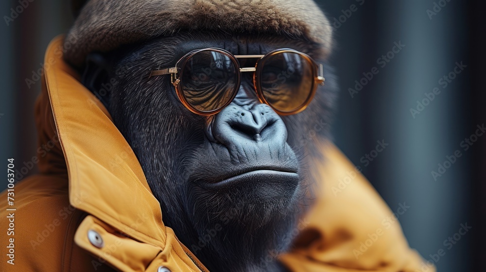 a close up of a monkey wearing a jacket and sunglasses with a hat on it's head and sunglasses on his face.