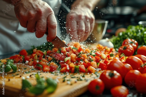 Close up shot of A Chef Chopping Fresh Vegetables on Wooden Board. photo
