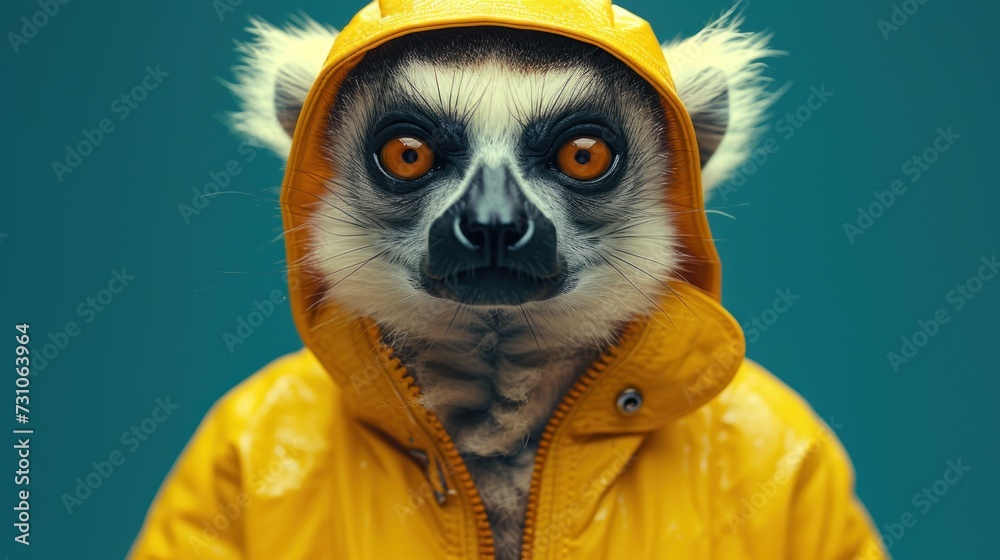 a close up of a lemura wearing a yellow jacket and a yellow hat with fur on it's head. a close up of a lemura wearing a yellow jacket and a yellow hat with fur on it's head.