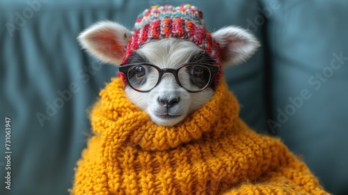 a small dog wearing glasses and a knitted sweater with a knitted hat and scarf around it's neck.