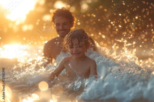 Father and son playing in the water at the beach Waves crashed towards them both. ,There is beautiful sunlight.
