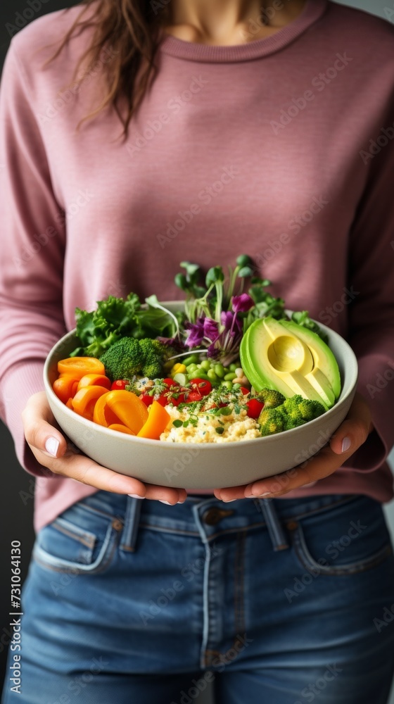 Woman in casual attire holds vegan super bowl with hummus, veggies, salad, beans, couscous, avocado, and smoothie, ideal for dinner or lunch.