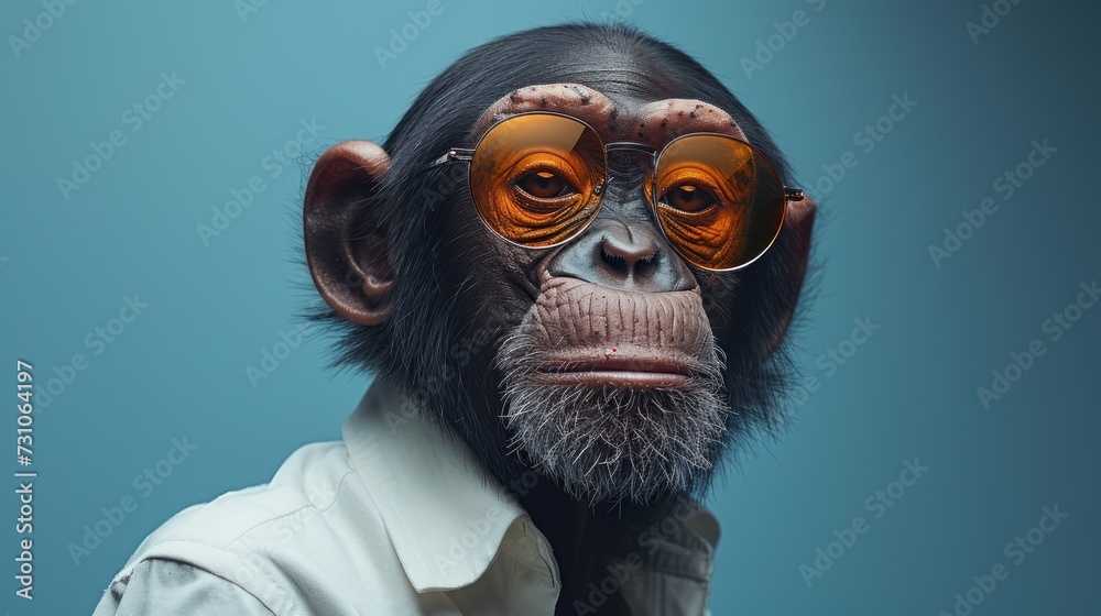a chimpan with sunglasses on his face and a white shirt on his shirt is looking at the camera.