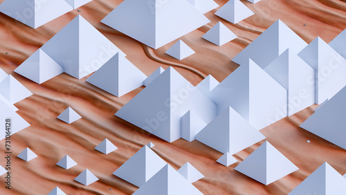 3d render Abstract white triangular pyramid pattern on desert wave background.