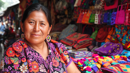 Guatemalan woman, portrait, sells handmade textiles at a flea market. © serperm73