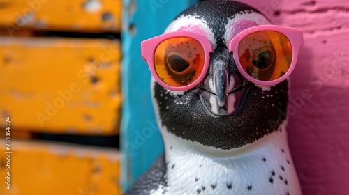 a close up of a penguin wearing pink sunglasses and a black and white penguin with orange eyes and a pink beak. photo
