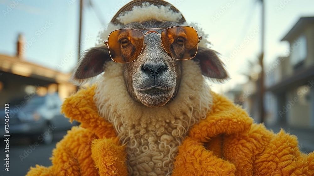Fototapeta premium a close up of a sheep wearing sunglasses and a yellow coat with a building in the background and a car in the foreground.