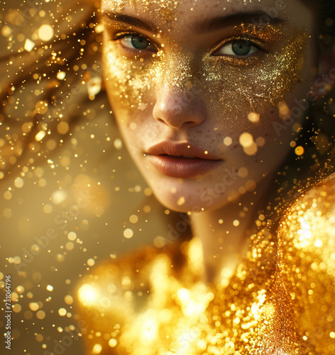 young adult woman with gold glitter golden makeup, abstract, sparkle and glitter, bokeh, gold dust and beauty of youth, youthful appearance, young and style and fashion and fashion, model caucasian