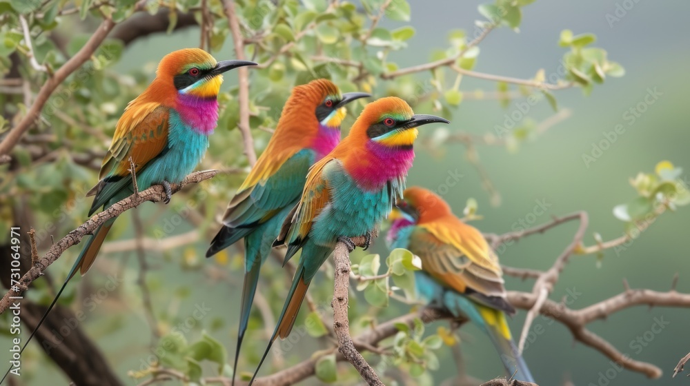 a group of colorful birds sitting on top of a tree branch next to a green leafy tree filled with leaves.