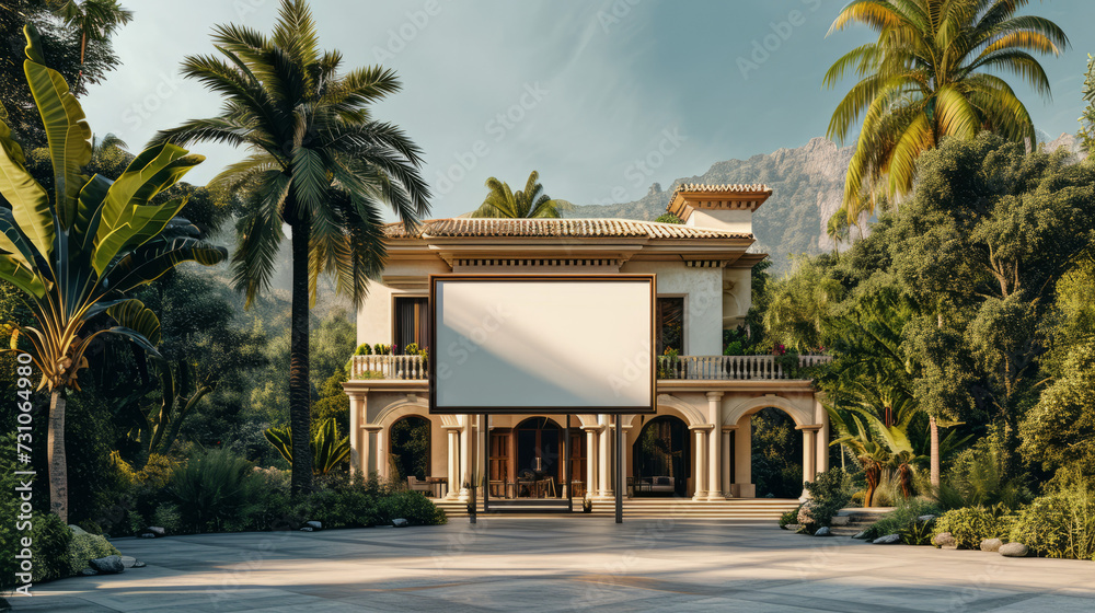 Large luxury villa with a blank banner in the foreground. Place for text on the sign in front of the villa. For sale or for rent. Large luxury villa with a blank banner in the foreground. Place for text on the sign in front of the villa. For sale or for rent.
