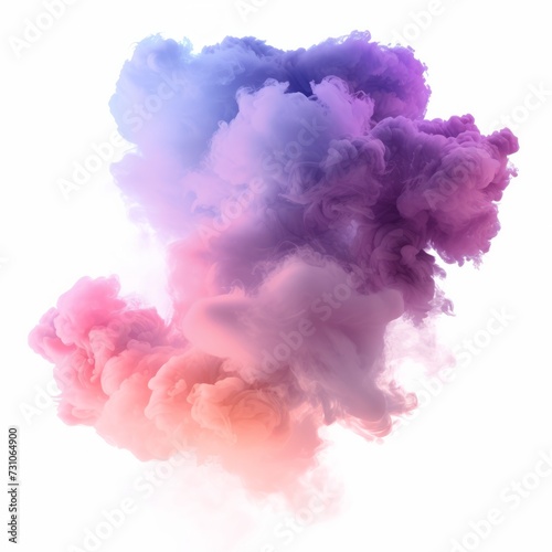 A dense and colorful cloud of haze is isolated against a white background, creating a striking visual contrast.