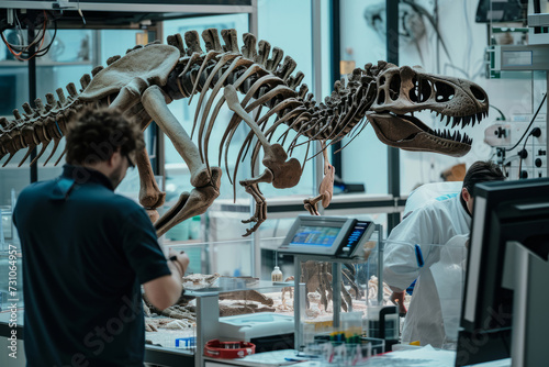 Scientists reconstructing a dinosaur skeleton in a laboratory  surrounded by modern technology  illustrating ancient history with scientific investiga