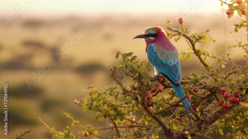 a colorful bird sitting on a branch of a tree filled with red and blue berries on a foggy day.