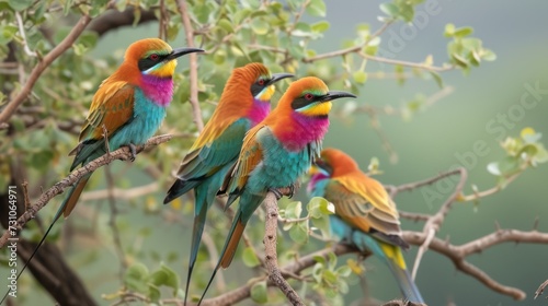 a group of colorful birds sitting on top of a tree branch next to a green leafy tree filled with leaves.