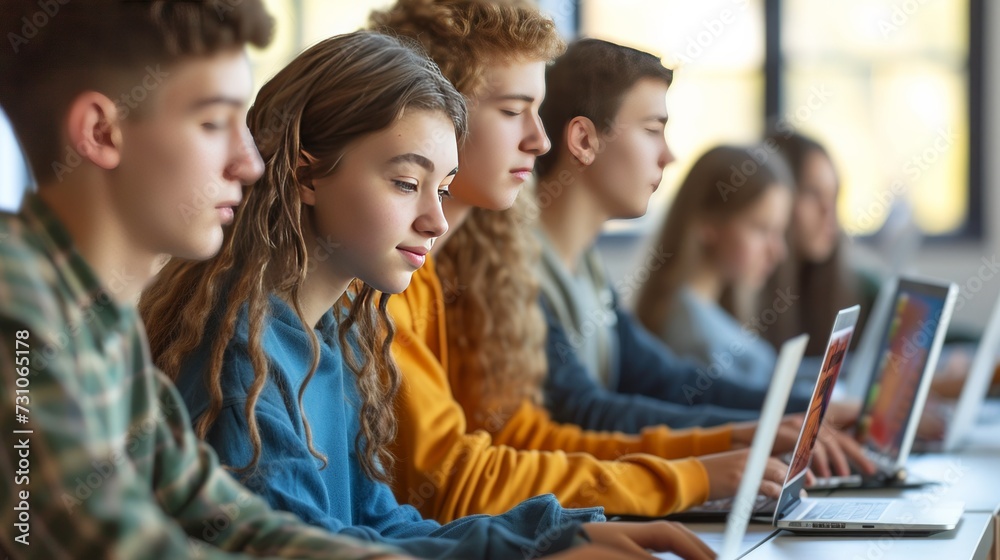 High school students engage in e-learning using computers in the classroom, studying over laptops as part of their class at school.