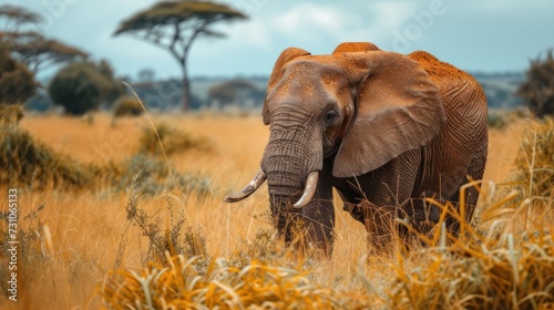 an elephant standing in the middle of a field of tall grass with trees in the back ground and a blue sky in the background.