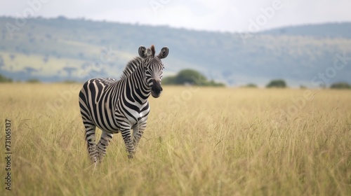 a zebra standing in the middle of a field of tall grass with a mountain in the background.